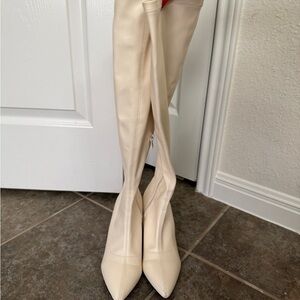Cream Pointed-Toe Knee-High Boots